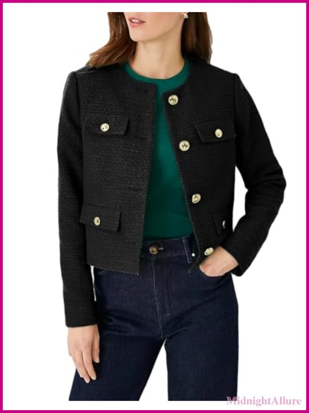 Cropped Tweed Blazer Women Collarless Slim Business Casual Jacket